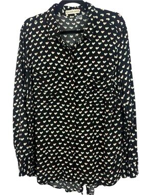 Alexander Jordan Heart Print Ruffle Hem Button Down Blouse Black 1X